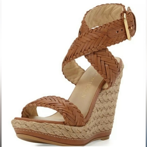 STUART WEITZMAN Elixir Wedge Sandals in Adobe Vecchio Nappa Leather (Size 10) - Picture 2 of 9